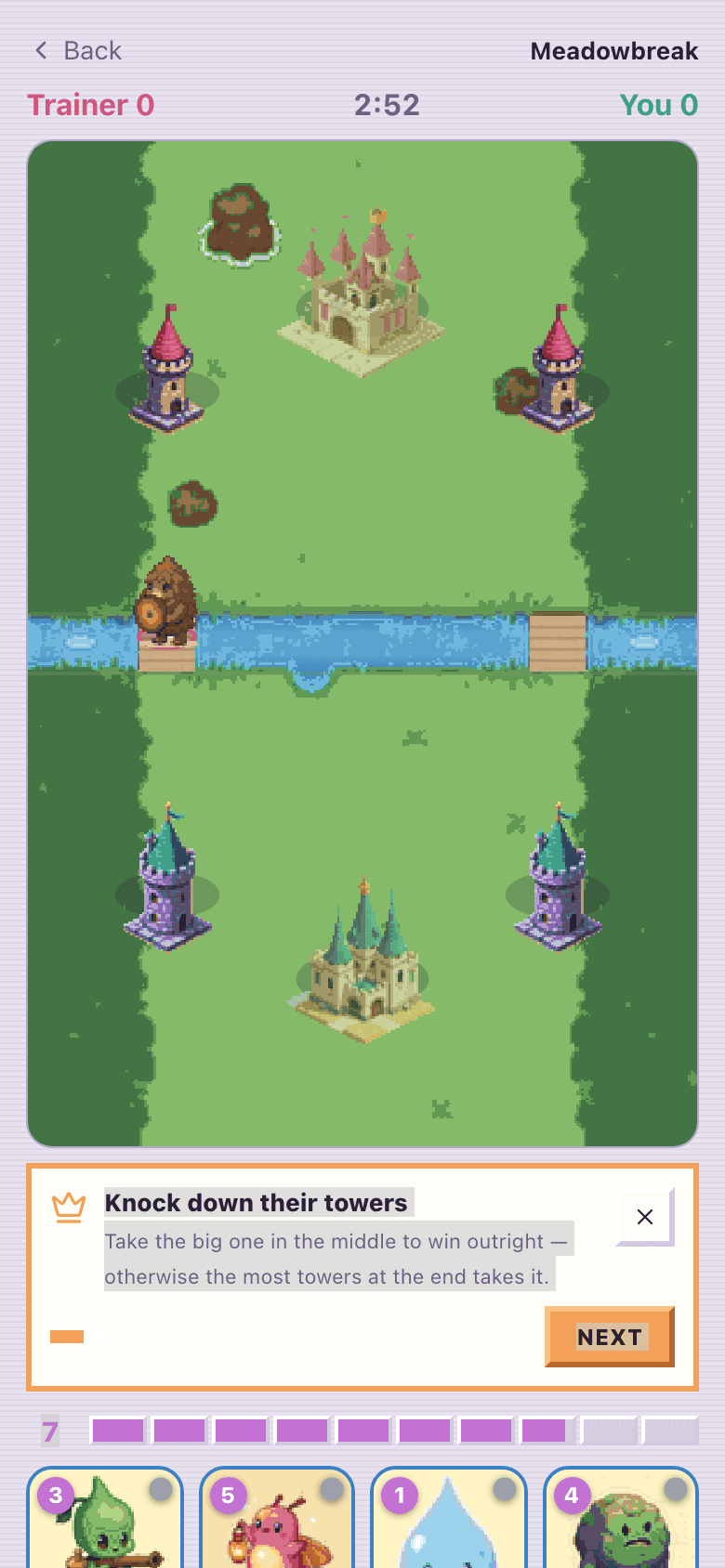 ClashBits battle — towers and castles on a green board split by a river, a card hand ready to play