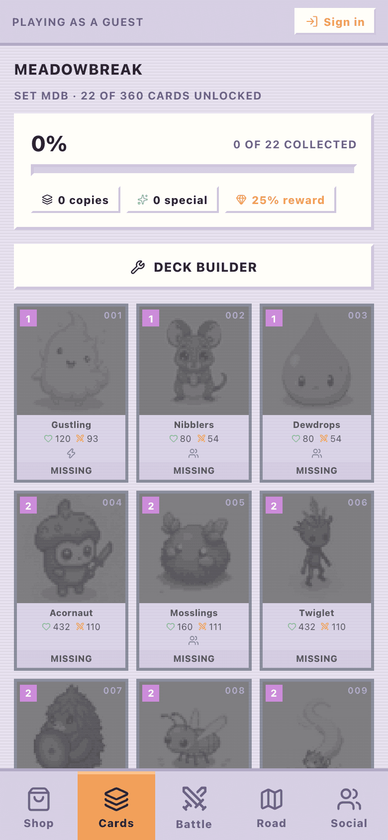 ClashBits collection — the Meadowbreak card set with Gustling, Nibblers, and Dewdrops