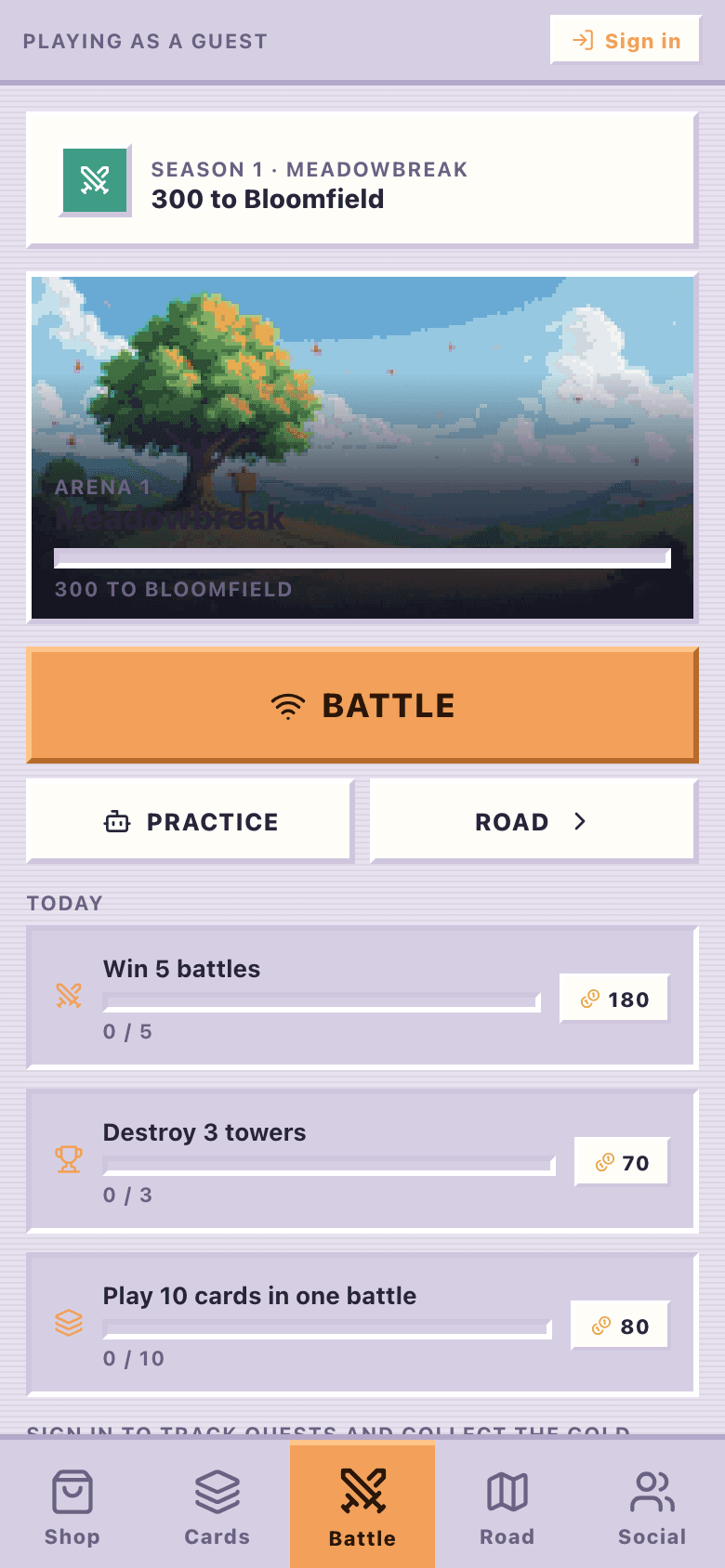 ClashBits home — Season 1 Meadowbreak, daily quests, and the Battle button