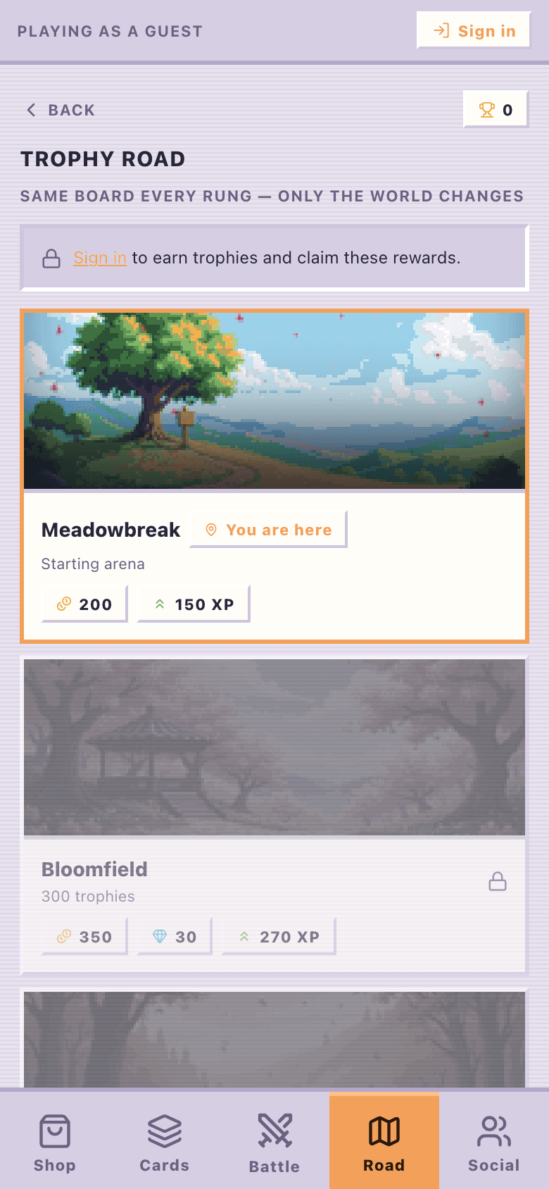 ClashBits Trophy Road — Meadowbreak starting arena, Bloomfield ahead