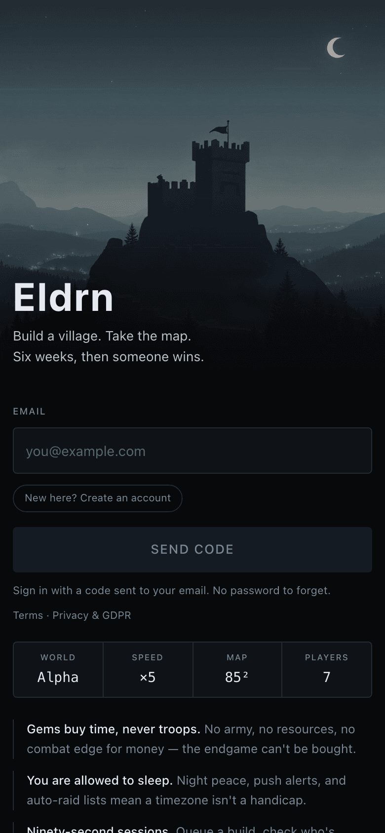 Eldrn — a castle on a dark ridge under a crescent moon, above the world stats: Alpha world, ×5 speed, 85² map, 7 players