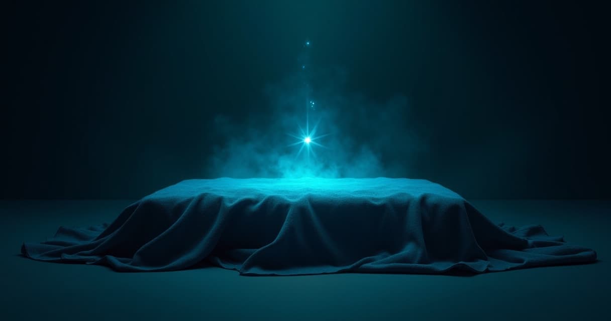 Something under a dark cloth, cyan light escaping from the seams