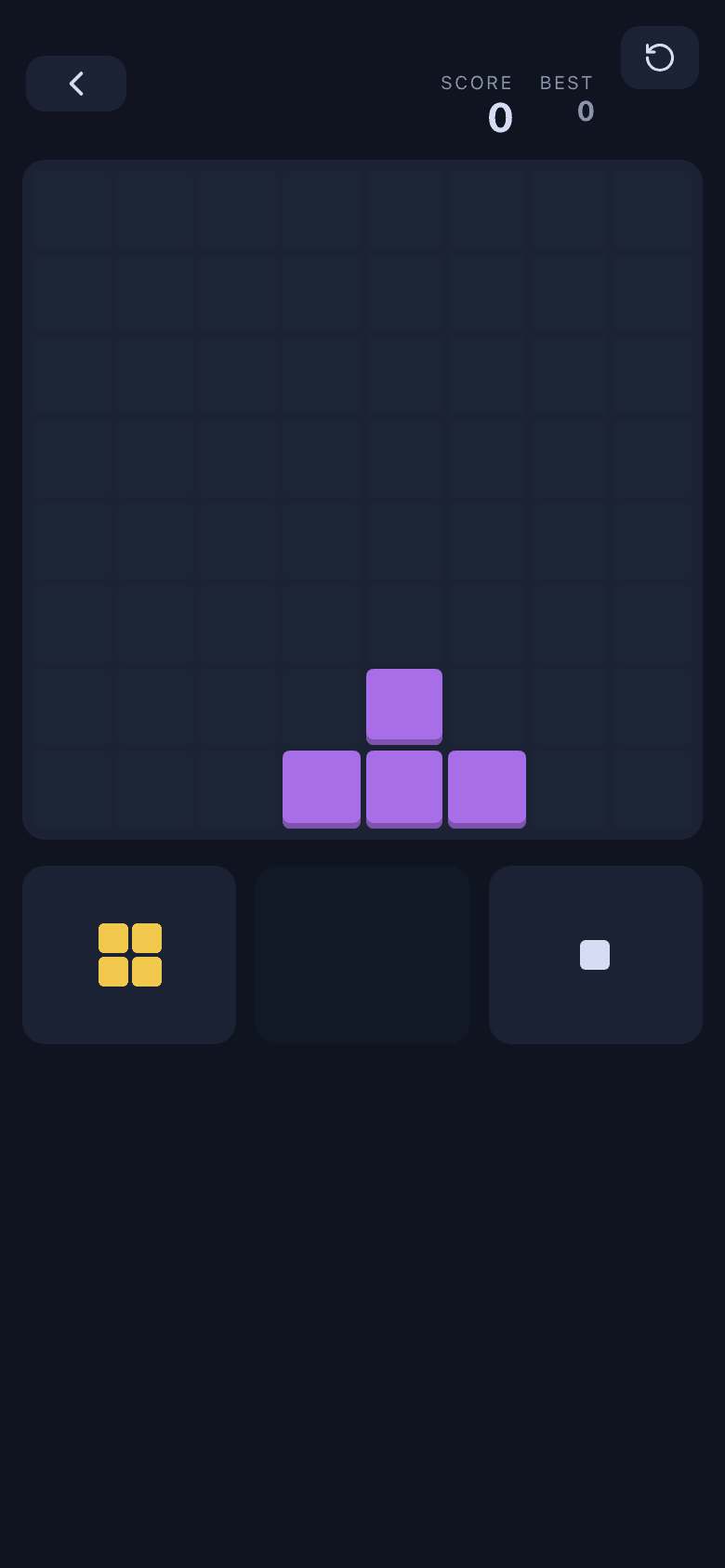 Blocks — a piece placed on the dark board, score at the top, three pieces waiting in the tray