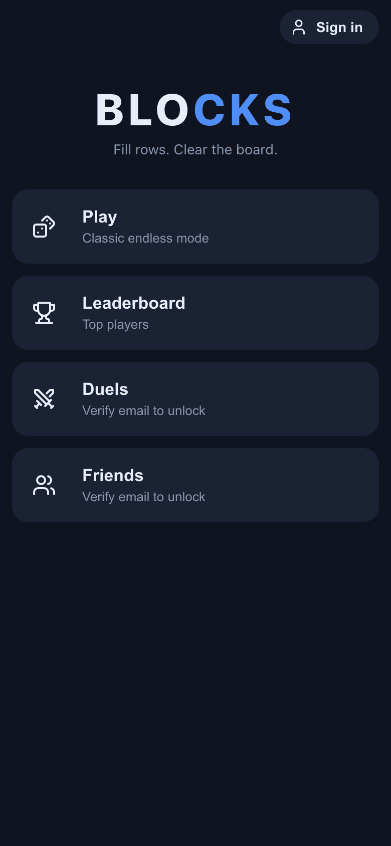 Blocks menu — Play, Leaderboard, Duels, and Friends