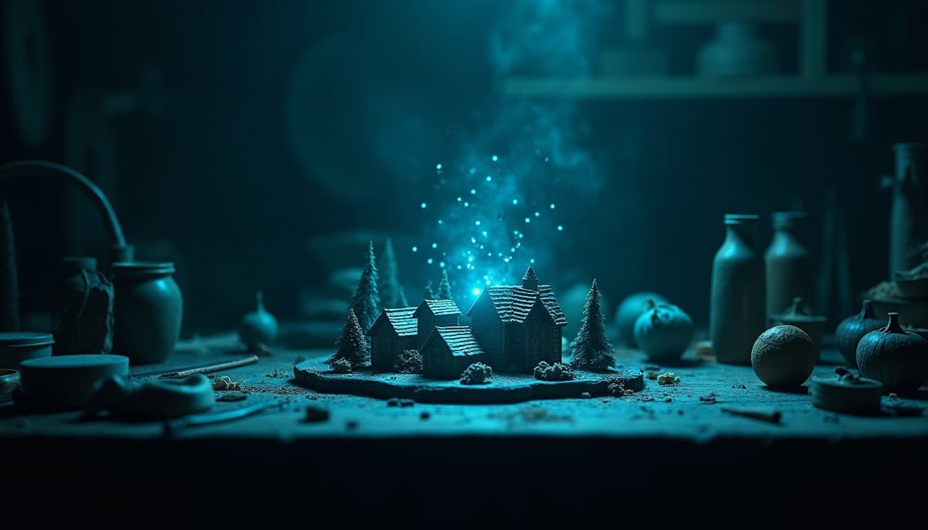 A dark workbench with a miniature glowing village being built at its center